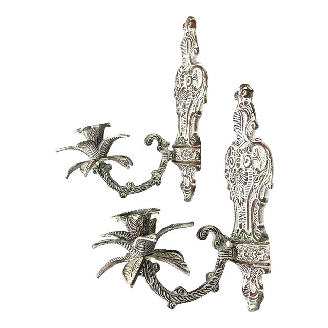 20th Century Hollywood Regency Palm Tree Metal Candle Holders - a Pair For Sale