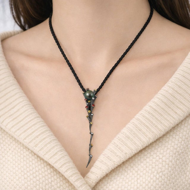 Tahitian Pearl Pendant Cord Necklace With Gem-Set Textured Flutes in Black Rhodium 18ct Gold For Sale - Image 6 of 6