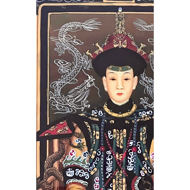 Reverse Painted Chinese Qianlong Emperor & Empress (Nobles) Rosewood Framed Ancestor Paintings - A Pair For Sale - Image 11 of 13