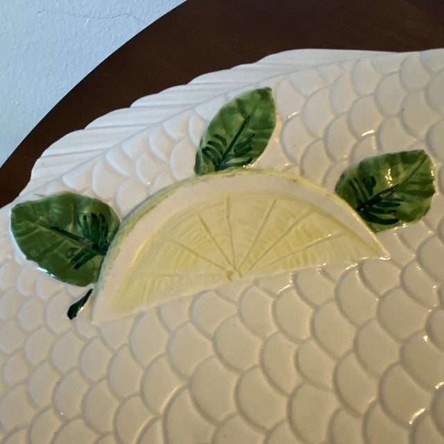 Mid-Century Modern Vintage Mid-Century Modern Italian Bassano Fish-Shaped White Ceramic Platter W/Lemon & Green Leaves For Sale - Image 3 of 4