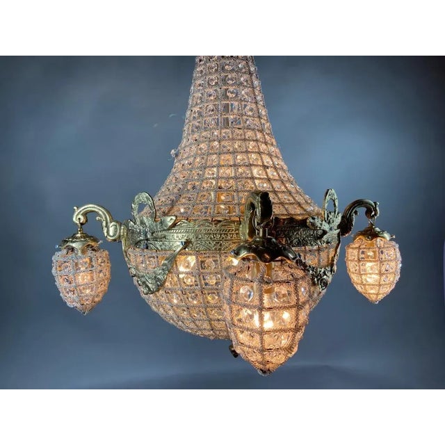 Late 20thC French Louis XVI Gold Swan Beaded Chandelier For Sale - Image 12 of 13