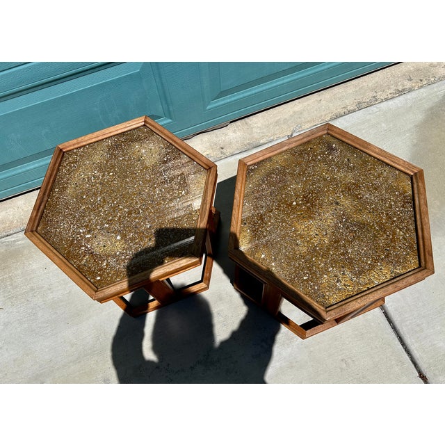 Excellent pair of Mid-Century Modern hexagonal side tables designed by John Keal for Brown Saltman. They have a hardwood...