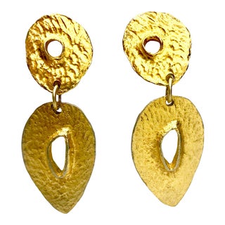 1980s Brutalist Dominique Denaive Textured Clip Earrings Signed - 2 Pieces For Sale