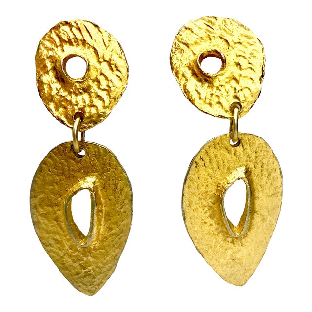 1980s Brutalist Dominique Denaive Textured Clip Earrings Signed - 2 Pieces For Sale
