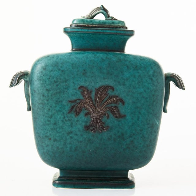 Wilhelm kåge. Lock urn, stoneware, "argenta" 1207, gustavsberg. green glaze with silver decoration. marked gustavsberg...