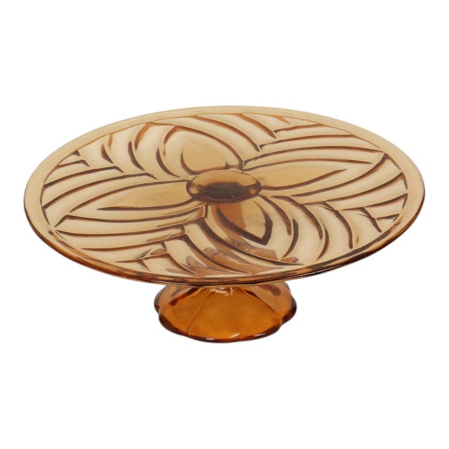 Beautiful vintage cake plate from the Art Deco period, pastry dish made of amber-colored pressed glass, also known as...