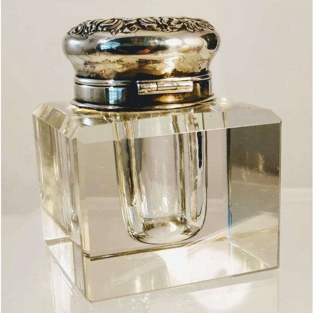 Art Deco Lead Crystal Sterling Silver Inkwell With Repousee Lid For Sale - Image 3 of 12