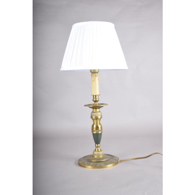 Vintage Brass Candlestick Table Lamp with Green Accent, 1950s For Sale - Image 4 of 14