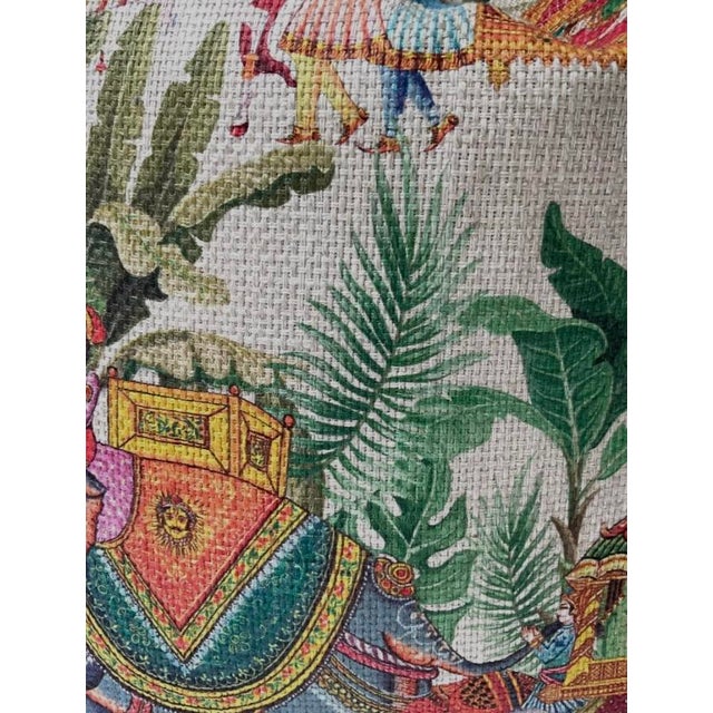 Colorful Elephant Toile Pillow Cover with Tropical Palm Parade Scene For Sale - Image 4 of 4
