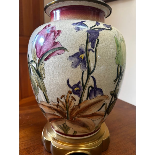 1980s Wildwood Large Floral Crackled Hand Painted Ceramic Table Lamp For Sale - Image 12 of 12