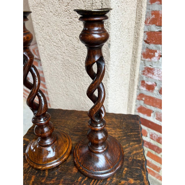 Antique English Oak Open Barley Twist Candlesticks Jacobean Pair C1860 12.5” For Sale - Image 15 of 18