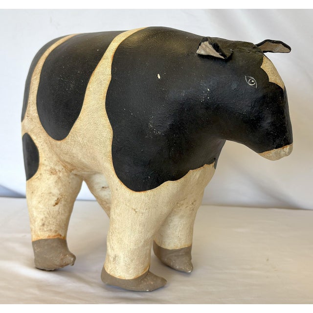 Black Vintage Artisan Crafted Folk Art Canvas Stuffed and Painted Cow Soft Sculpture For Sale - Image 8 of 12