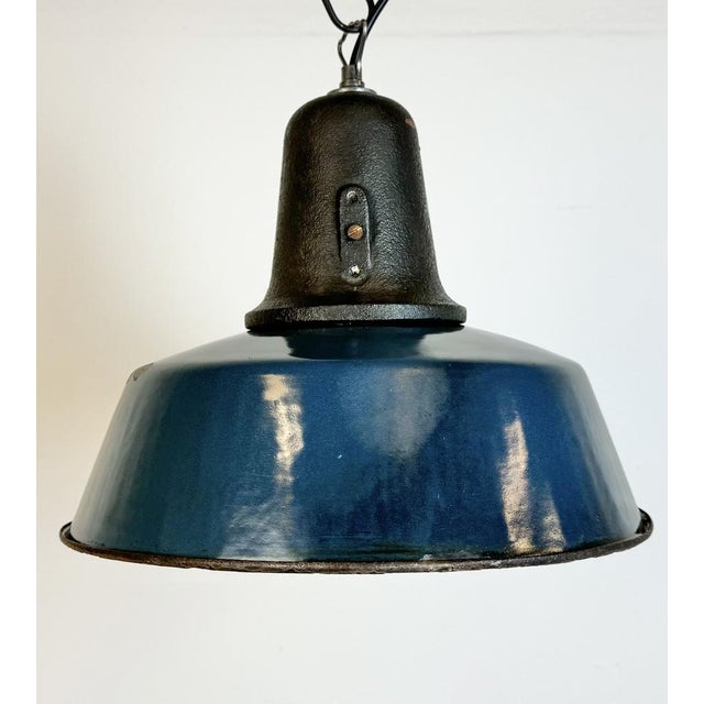 Industrial Blue Enamel Factory Lamp with Cast Iron Top, 1960s For Sale - Image 6 of 18