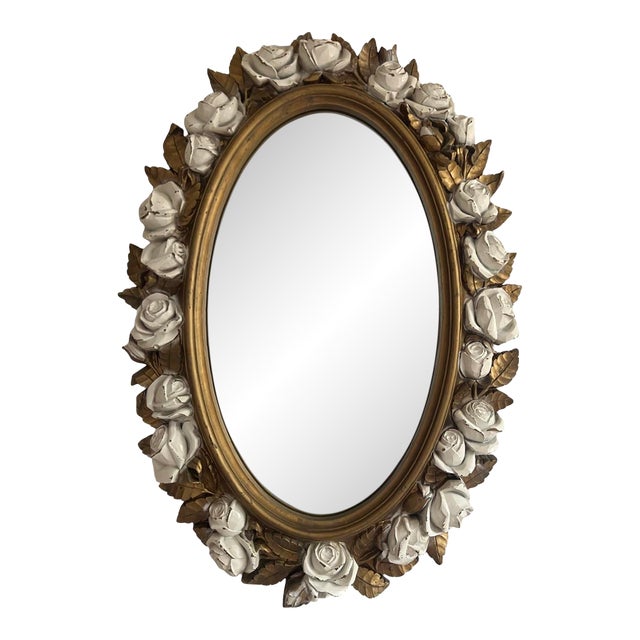 Vintage Mid Century 1970s Homco White Rose Regency Gold Flower Mirror Oval Syroco Style For Sale