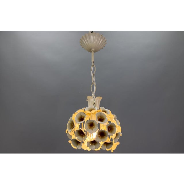 1960s Hollywood Regency French White Flower Metal Pendant Light, 1960s For Sale - Image 5 of 15