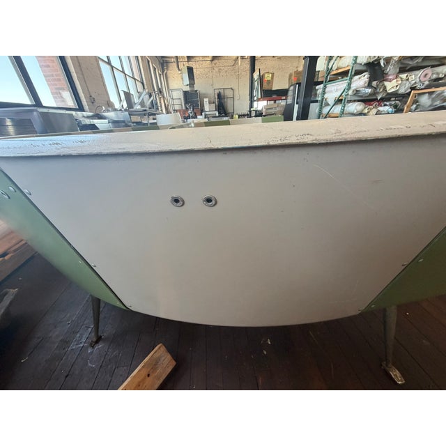 Green Brunswick Bowling Alley Seating – Mid‑Century Modular Curved Bench in Green & White For Sale - Image 8 of 12