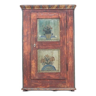 Antique Rustic Farmhouse Folk Art Painted Bridal Cabinet, 1860 For Sale