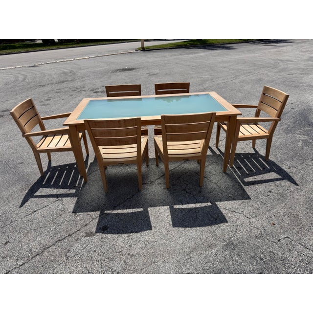 Contemporary 1990s Brown Jordan Mission Teak & Frosted Glass Outdoor Dining Set - 7 Pieces For Sale - Image 3 of 10