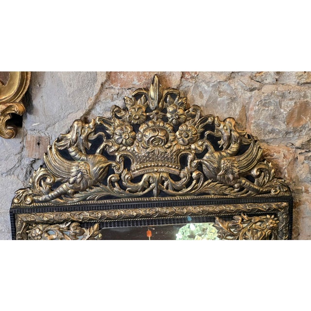 Louis XIV Style Mirror with Blackened Wood and Repoussé Gilt Metal Panels, 1870s For Sale - Image 4 of 12