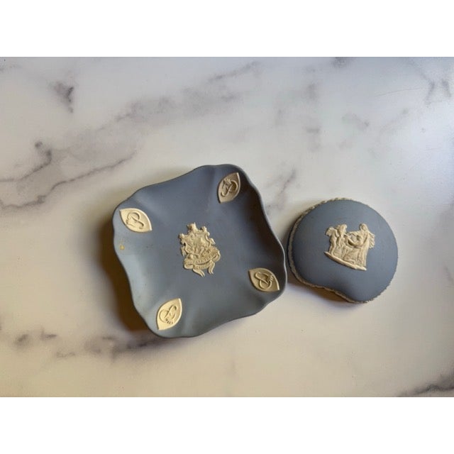 A pretty set of Wedgwood blue and cream trinket tray dish and cover.