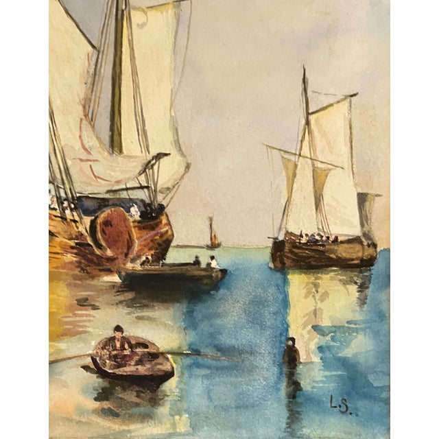 1930s "Summer Day in Holland Waters" watercolor on paper, after original Dutch painting by Jean Paul Clays (1819-1900)....