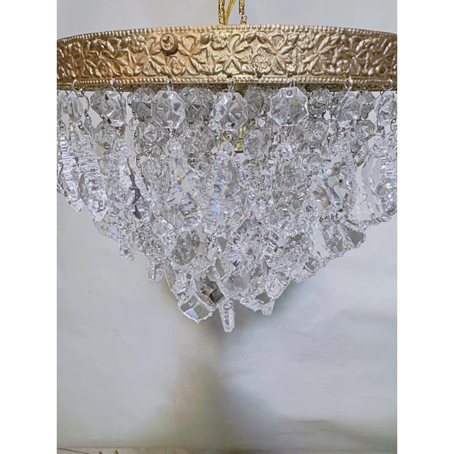 Brass Vintage Hollywood Regency Floral Embossed Brass French Pendalogue Crystal Basket Chandelier For Sale - Image 8 of 8