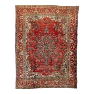 1950s Tabriz Persian Distressed Wool Rug With Rosette Motif in Red For Sale