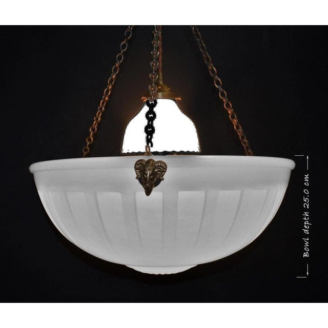 1930s Vintage Art Deco Bronze and Moonstone Glass Rams Head Pendant Light, 1930s For Sale - Image 5 of 18