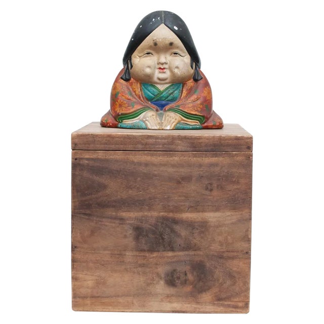 Meiji Era Otafuku Girl Figurine on Wood Stand For Sale
