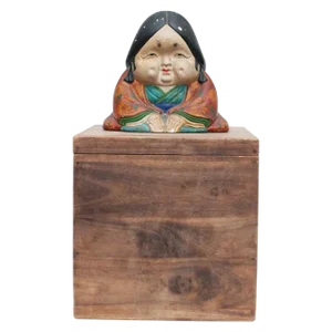 Meiji Era Otafuku Girl Figurine on Wood Stand