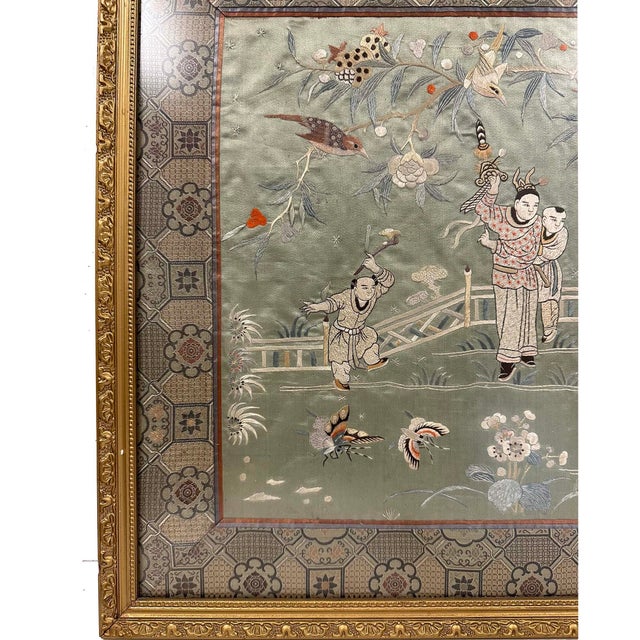 Textile Late 19th-Century Framed Chinese Silk Embroidered Panel For Sale - Image 7 of 9