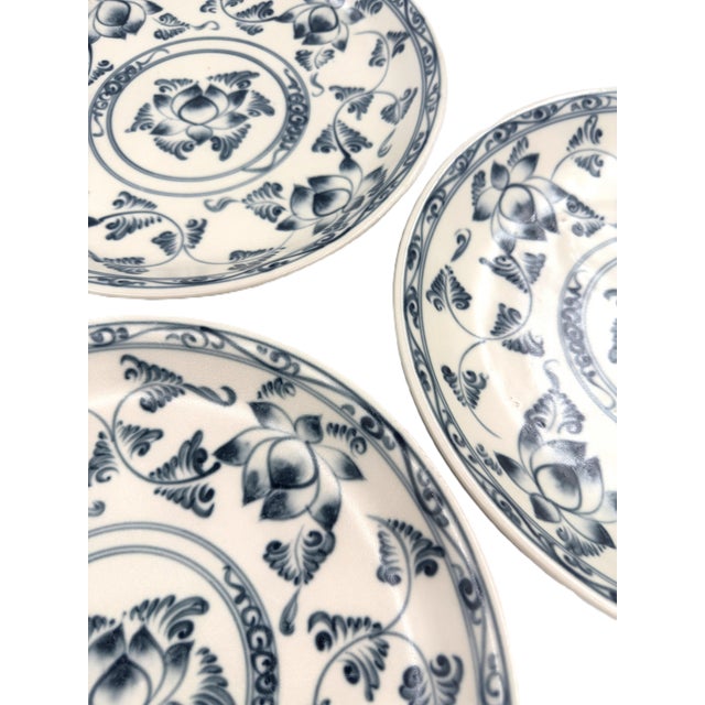 Vintage Bat Trang Vietnamese Ceramic Dinner Plates Blue With Blue and Cream Lotus Floral Motifs - Set of 6 For Sale In New York - Image 6 of 12