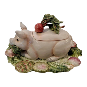 2000 Whimsical Bacon Pork Pig & Vegetable Tureen Plate & Ladle by Fitz and Floyd “French Market” - 4 Pieces