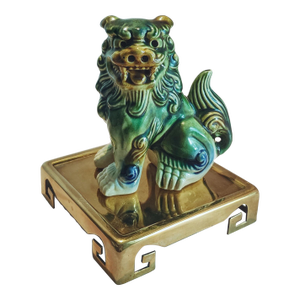 Vintage Sancai Porcelain Foo Dog on Miniature Brass Ming Table