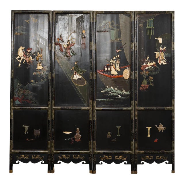 Chinese Export Four Panel Carved Soapstone Coromandel Screen For Sale