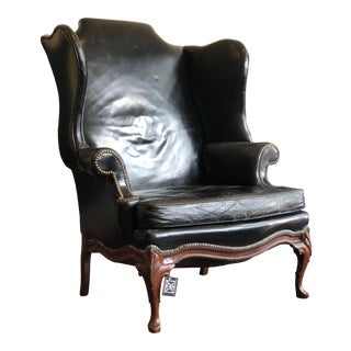 Vintage Black Leather Wingback Chair For Sale