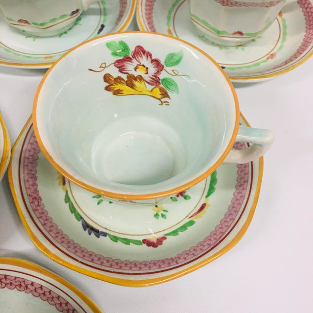 English Antique Hand-Painted Calyx Ware Tea Cups and Saucers Set- 12 Pieces For Sale - Image 3 of 7