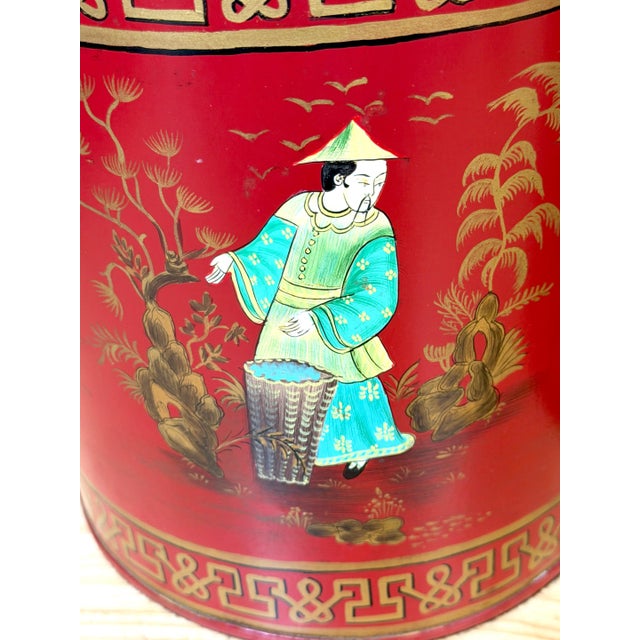 Late 20th Century Pair English Chinoiserie Red Tole & Gilt Painted Tea Caddy Lamps, 20th Century For Sale - Image 5 of 14