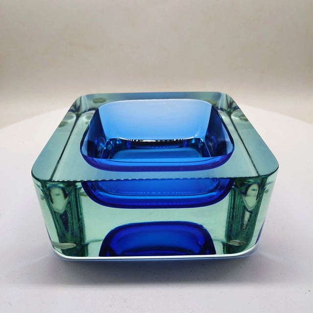 Big Square Ashtray or Catch-all in Murano Glass with Rounded Corners. Two stunning underwater colors: Aquamarine and Blue...