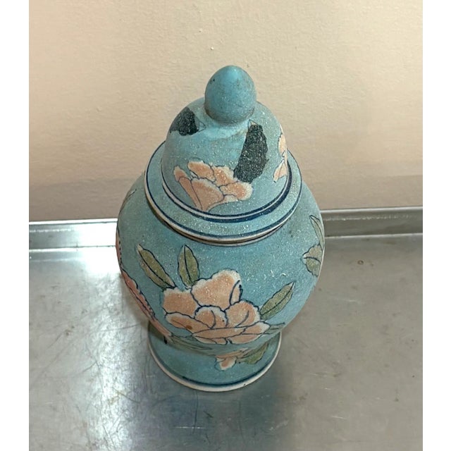 Asian Asian Style Saltware Pottery Blue Floral Urn For Sale - Image 3 of 5