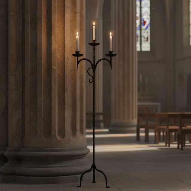 Hand Forged Iron Floor Candelabra 52″ (132cm) Antique Copper Patina 3-Arm Grand Vertical Statement Decor For Sale - Image 4 of 9