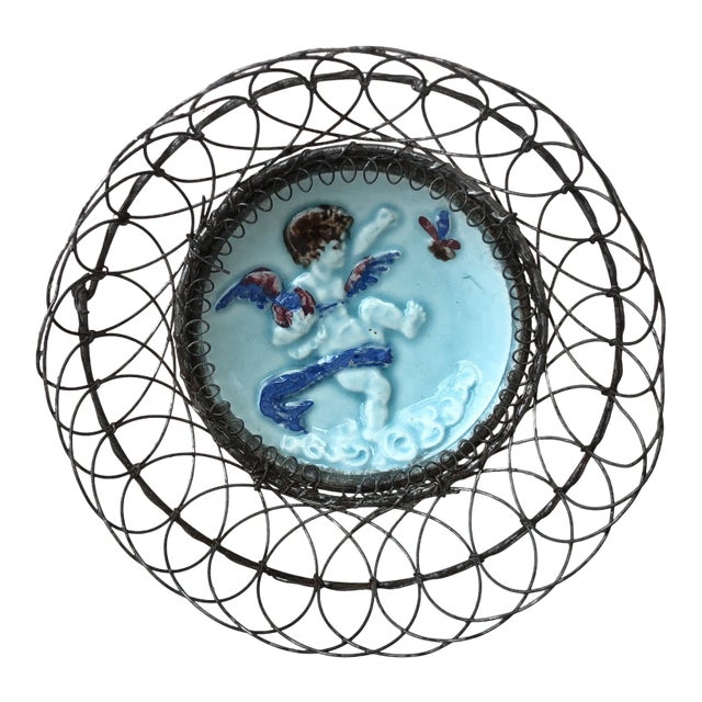 Majolica Wire Basket With an Angel, Circa 1900 For Sale