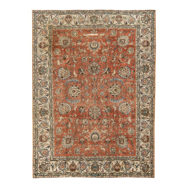 Rust Antique Persian Tabriz Handmade Allover Floral Wool Rug For Sale