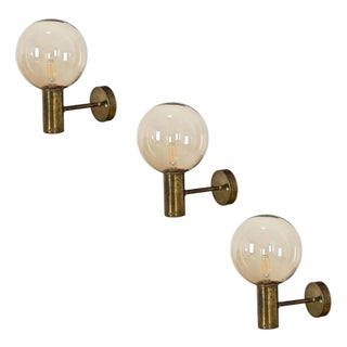 Set of Three Swedish Vintage Brass & Glass Sconces For Sale