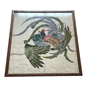 1940s Vintage Batik Peacock Art, Framed