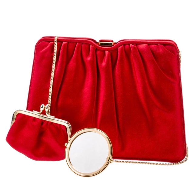 Art Deco 90s Judith Leiber Red Satin Evening handBag Crystal Shoulder Day Vintage Clutch For Sale - Image 3 of 17