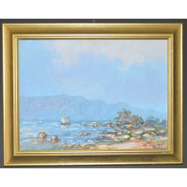 Early 20th Century Blue Water Landscape Oil on Canvas Painting Plein Air Gold Frame For Sale - Image 11 of 11