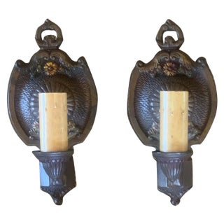 Circa 1920 Cast Iron and Polychrome Paint Sconces in Original Patina For Sale