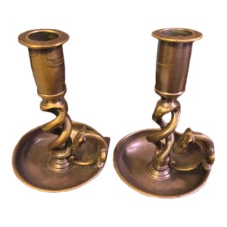 Vintage Brass Serpent Candlestick Holders – Mid‑Century Decorative Brass For Sale