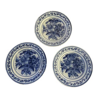 19th Century Blue & White Delft Faience Plates Pottery - Set of 3 For Sale